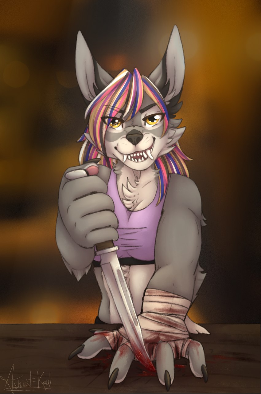 anthro bandaged_hand blood bodily_fluids bra claws clothing female fur furniture genderfluid_pride_colors gore grey_body grey_fur hair highlights_(coloring) knife knife_game lgbt_pride multicolored_hair pride_color_hair pride_colors smile solo splayed_fingers sports_bra table underwear archivist-kayl goretober inktober nekros_(character) canid canine canis mammal wolf 2023 hi_res gynomorph_(lore) nonbinary_(lore)