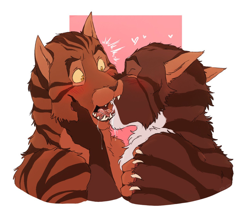 anthro blush bodily_fluids brown_body brown_fur claws drooling duo eyes_closed french_kissing fur half-brother half-brothers heart_symbol holding_head kissing looking_at_another looking_pleasured male male/male nude open_mouth saliva saliva_on_tongue simple_background surprise teeth tongue tongue_out white_body atta_catto conditional_dnp warriors_(book_series) brambleclaw_(warriors) hawkfrost_(warriors) domestic_cat felid feline felis mackerel_tabby mammal tabby_cat 2020 digital_media_(artwork) flat_colors brother_(lore) brothers_(lore) half_brother_(lore) incest_(lore) sibling_(lore)