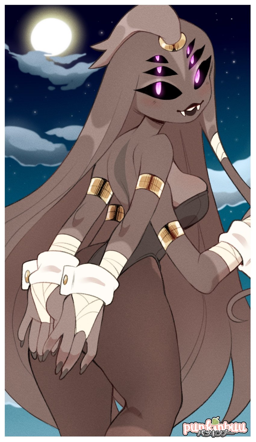 4_arms 6_eyes anthro armband backless_clothing backless_leotard big_breasts black_clothing black_leotard border breasts brown_body brown_fur brown_hair claws clothing cuff_links fangs female fingers full_moon fur hair jewelry leotard long_hair looking_at_viewer looking_back moon multi_arm multi_eye multi_limb night outside plant side_boob sky smile solo strapless_clothing strapless_leotard teeth white_border punkinbuu arachnid arthropod spider digital_media_(artwork) hi_res