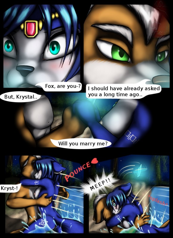 anthro canon_couple dialogue duo engagement female humor male male/female nude outside pounce proposal romantic romantic_ambiance romantic_couple romantic_night skinny_dipping text moltsi nintendo star_fox fox_mccloud krystal_(star_fox) canid canine fox mammal 2014 comic english_text hi_res