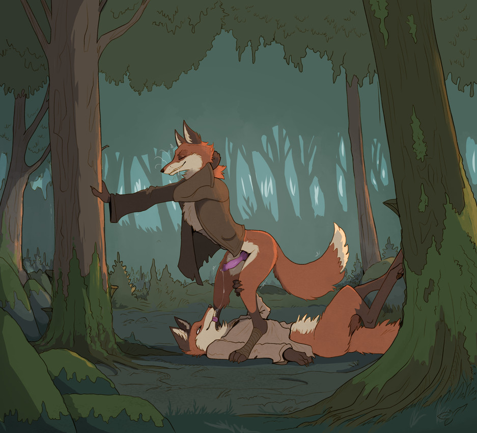 after_oral animal_genitalia animal_penis anthro bodily_fluids bottomless canine_genitalia canine_penis claws clothed clothing digitigrade duo erection eyes_closed feet finger_claws foot_wraps forest forest_background fur genitals knot knotted_penis leg_markings lying male male/male markings nature nature_background on_back orange_body orange_fur outside paws penis plant pointy_ears prick_ears saliva saliva_on_penis saliva_string socks_(marking) tail toe_claws tongue tongue_out tree whiskers wraps garbagegarage canid canine fox mammal 2025 digital_media_(artwork) hi_res