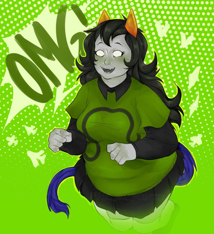 2_horns astrological_symbol big_breasts black_bottomwear black_clothing black_hair black_shirt black_skirt black_topwear blue_body blue_fur blue_tail blush bottomwear breasts clothed clothing excited fangs female footwear fully_clothed fur green_clothing green_shirt green_topwear grey_body grey_skin hair horn legwear leo_(symbol) long_hair omg open_mouth orange_horn overweight overweight_female overweight_humanoid pleated_skirt shirt shoes skirt solo symbol tail teeth text thigh_highs topwear western_zodiac_symbol white_clothing white_eyes white_legwear white_thigh_highs vic_el_puerco homestuck ms_paint_adventures meulin_leijon alien animal_humanoid cat_humanoid felid felid_humanoid feline feline_humanoid horned_humanoid humanoid mammal mammal_humanoid troll_(homestuck) artist_name english_text hi_res watermark