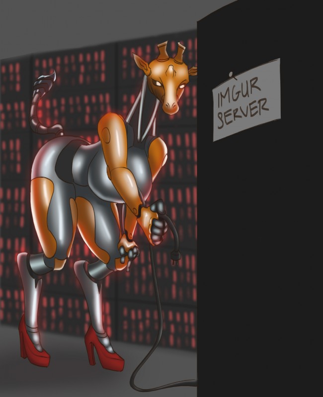 anthro bent_over big_breasts breasts clothing cybernetics female footwear glowing glowing_eyes high_heels horn machine orange_body orange_skin shoes silver_skin simple_background solo white_eyes importantquestions imgur imguraffe cyborg robot absurd_res hi_res