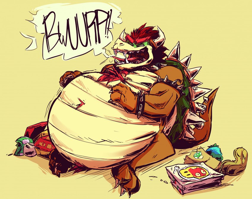 anthro belly big_belly bloated burping eyes_closed food hair male open_mouth overweight overweight_anthro overweight_male red_hair shell solo spiked_shell spikes spikes_(anatomy) stuffing sokkacherimoya mario_bros nintendo bowser koopa scalie