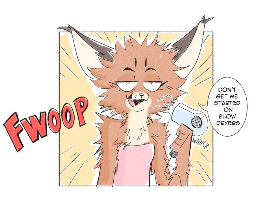 anthro bath_towel dryer drying drying_fur fangs female fluffy_fur fur hair_dryer looking_at_viewer open_mouth solo speech_bubble teeth text towel beezii jackie_(beezii) caracal caracal_(genus) felid feline mammal english_text