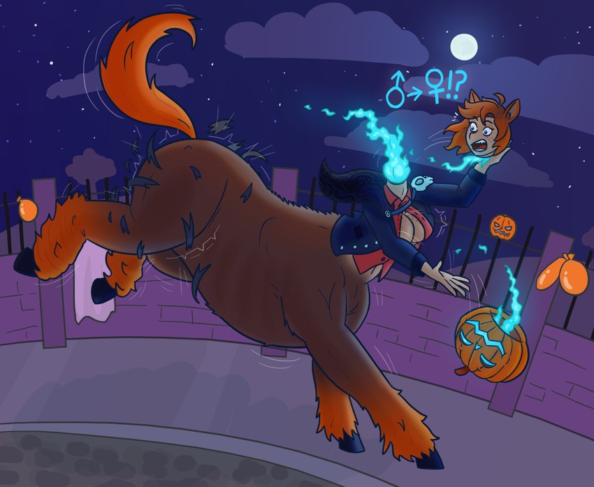 black_hooves blue_fire bottomless breast_growth breasts brown_body cleavage clothed clothing colored_fire detachable detachable_head exclamation_point female female_symbol fire flaming_neck full_moon gender_symbol gender_transformation growth hair headless holding_head holding_own_head holidays hooves jack-o'-lantern jacket male_symbol mid_transformation modular moon night orange_hair orange_tail outside purple_clothing purple_jacket purple_topwear question_mark running sky solo species_transformation star starry_sky symbol tail topwear transformation cloudkaiju european_mythology greek_mythology halloween irish_mythology mythology rosemary_(cloudkaiju) centaur dullahan equid equid_taur humanoid_taur mammal mammal_taur taur 2024 hi_res story story_in_description