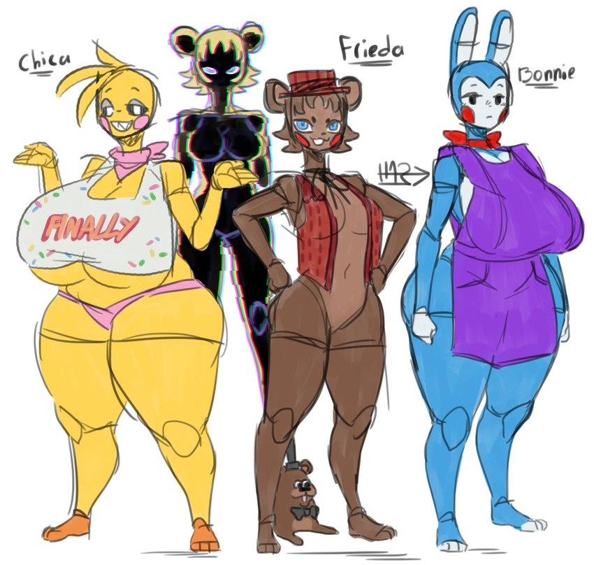 anthro apron beakless big_breasts black_eyes black_sclera blue_body blue_eyes bow_tie breasts brown_body clothing crossgender female group hat headgear headwear huge_breasts jacket kerchief looking_at_viewer machine mtf_crossgender navel neckerchief neckwear non-mammal_breasts shirt smile text thick_thighs top_hat topwear under_boob white_eyes yellow_body little_hareboy feddy five_nights_at_freddy's five_nights_at_freddy's_2 scottgames golden_freddy_(fnaf) toy_bonnie_(fnaf) toy_chica_(fnaf) toy_freddy_(fnaf) animatronic avian bear bird chicken galliform gallus_(genus) lagomorph leporid mammal phasianid rabbit robot 2024 digital_media_(artwork) english_text hi_res