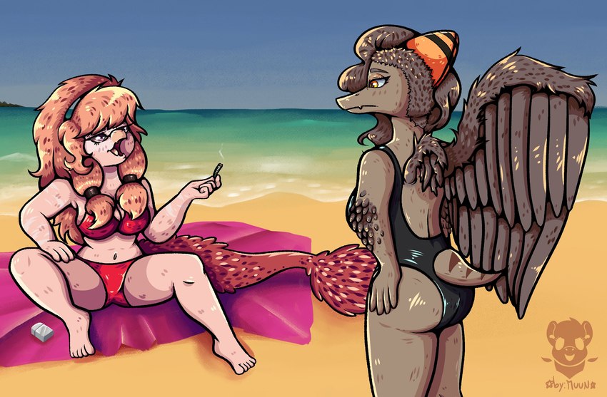 5_fingers 5_toes accessory anthro beach beach_towel bikini biped black_clothing black_swimwear breasts brown_body brown_feathers brown_hair brown_scales cigarette clothed clothed_anthro clothed_female clothing crossgender day duo eyebrows eyelashes feathered_tail feathered_wings feathers feet female fingers frown furgonomics hair hair_accessory hairband hand_on_hip holding_cigarette holding_object humanoid_feet humanoid_hands lighter logo long_hair long_tail looking_at_another markings mtf_crossgender non-mammal_breasts one-piece_swimsuit open_mouth orange_body orange_scales outside pink_body pink_hair pink_scales plantigrade purple_eyes red_bikini red_body red_clothing red_feathers red_swimwear sand scales short_tail sitting smoke spread_legs spreading standing striped_markings stripes swimwear tail toes towel two-piece_swimsuit water wings yellow_eyes by:_muun cavemanon_studios goodbye_volcano_high snoot_game naser_(gvh) nasera reed_(gvh) reeda dinosaur dromaeosaurid prehistoric_species pterodactylus pterosaur reptile scalie theropod velociraptor 2025 artist_logo artist_name hi_res shaded