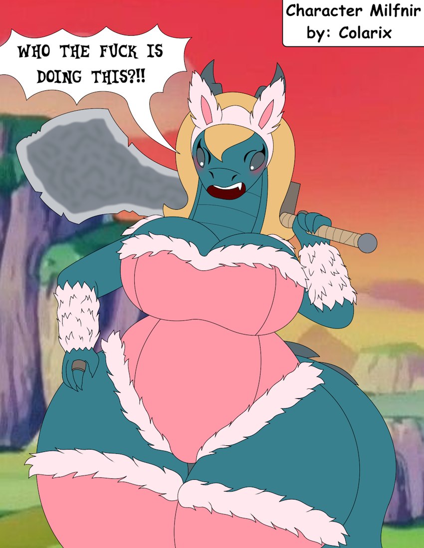 anthro big_breasts blonde_hair blush breasts bunny_costume clothing clothing_transformation costume curvy_figure fake_ears fake_rabbit_ears female fur_lined_clothing grey_sclera growth hair hair_growth horn huge_sword leather leather_clothing leotard looking_at_viewer melee_weapon non-mammal_breasts profanity pupils ring shocked solo sword tail text thick_thighs transformation voluptuous weapon white_pupils wide_hips foxtide888 bethesda_game_studios microsoft mythology skyrim the_elder_scrolls milfnir dragon mythological_creature mythological_scalie reptile scalie english_text