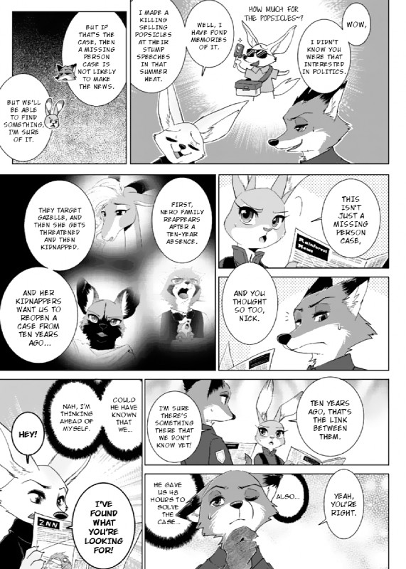 anthro clothing dialogue fur male text uniform namagakiokami disney zootopia finnick_(zootopia) gazelle_(zootopia) judy_hopps lyon_carter nick_wilde antelope bovid canid canine fennec_fox fox gazelle lagomorph leporid mammal rabbit red_fox true_fox comic english_text hi_res monochrome