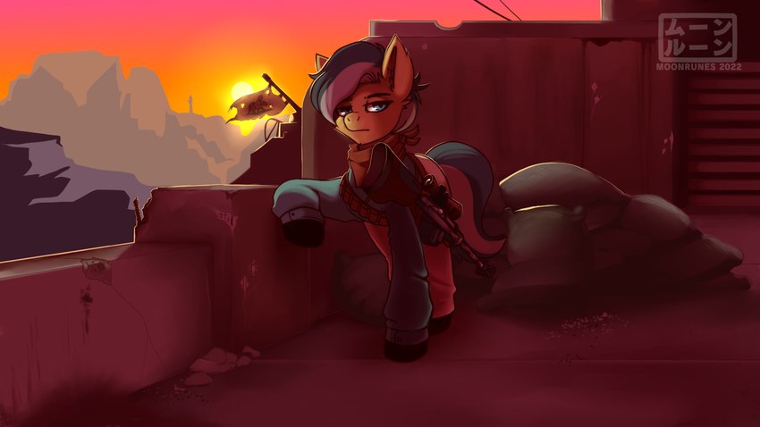 blue_eyes bullet_hole clothing feral flag gloves gun handwear kerchief male mountain neckerchief neckwear ranged_weapon rifle rubble sandbag scenery sniper_rifle solo sunset weapon moonrunes fallout hasbro microsoft my_little_pony fan_character ncr_ranger_(fallout) equid equine horse mammal pony 16:9 hi_res widescreen