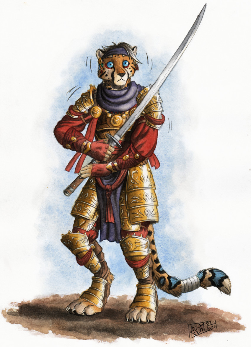 4_toes 5_fingers accessory anthro armor bandage bandaged_tail besagew blue_eyes bottomwear breastplate claws clothing cuisse digitigrade feet fingerless_gloves fingers fur gloves handwear headband holding_katana holding_melee_weapon holding_object holding_sword holding_weapon jewelry katana leopard_spots looking_forward male markings melee_weapon motion_lines necklace pants purple_scarf red_bottomwear red_clothing red_pants red_shirt red_topwear sabatons scarf schynbalds shadow shaking shirt solo spaulder spots spotted_body spotted_fur standing straps sword tassets toe_claws toes topwear vambrace weapon wide_eyed 0laffson microsoft the_elder_scrolls tsatu_(raptorzzs) cheetah felid feline khajiit mammal 2021 dated hi_res painting_(artwork) signature traditional_media_(artwork) watercolor_(artwork)