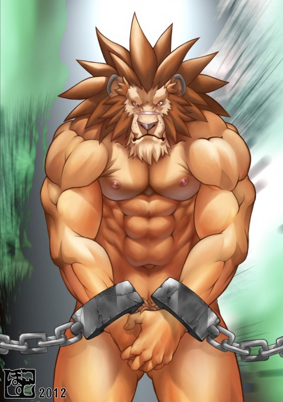 abs abstract_background angry anthro assisted_exposure bdsm beard biceps big_muscles biped bound brown_hair butt chain covering covering_crotch covering_self cuff_(restraint) embarrassed exposed facial_hair fangs front_view fur grey_nose hair looking_at_viewer male mane muscular muscular_anthro muscular_male muscular_sub navel nipples nude orange_body orange_skin pecs prisoner pubes red_eyes restraints shackles simple_background solo standing submissive submissive_male teeth bomb_(artist) red_earth leo_(red_earth) felid lion mammal pantherine 2012 absurd_res digital_media_(artwork) hi_res