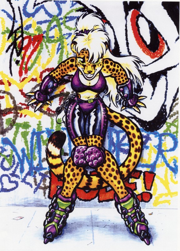 bikini bottomwear clothed clothing female gangly graffiti grin inline_skates roller_skates shorts skimpy smile solo spandex swimwear tail tight_clothing two-piece_swimsuit joe_rosales cheetah felid feline mammal 2008 absurd_res hi_res