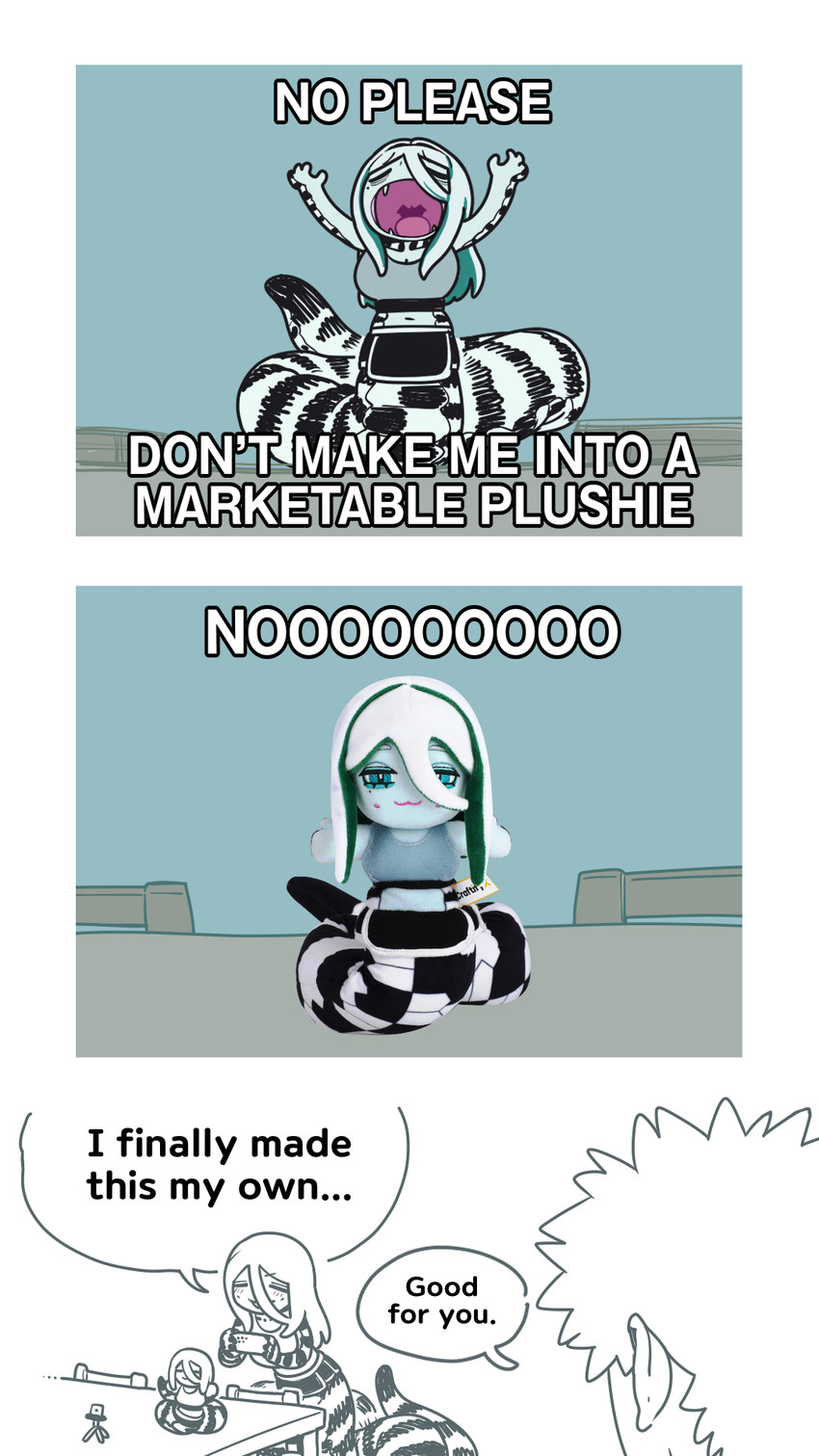 4_fingers advertisement apode begging big_breasts black_body black_bottomwear black_clothing black_scales black_shorts black_tail black_text blue_eyes bottomwear bra breasts camera cellphone chair cleavage clothed clothed_female clothed_humanoid clothing dialogue dolphin_shorts duo electronics eyes_closed fangs female female_focus female_humanoid fingers furniture grey_bra grey_clothing grey_sports_bra grey_underwear hair holding_cellphone holding_object holding_phone holding_smartphone legless long_hair male male_human markings midriff multicolored_body multicolored_bottomwear multicolored_clothing multicolored_hair multicolored_scales multicolored_shorts navel open_mouth phone plushie plushification pupils purple_tongue raised_arms scales serpentine short_hair shorts smartphone solo_focus speech_bubble split_form sports_bra striped_body striped_markings striped_scales striped_tail stripes table tail tail_markings talking_to_another teal_hair teeth text tongue transformation two_tone_body two_tone_bottomwear two_tone_clothing two_tone_hair two_tone_scales two_tone_shorts two_tone_tail underwear white_body white_bottomwear white_clothing white_hair white_scales white_shorts white_skin white_tail white_text sparrowl please_don't_turn_me_into_marketable_plushes edan_(sparrowl) ivy_(sparrowl) animal_humanoid draconcopode human humanoid lamia mammal reptile reptile_humanoid scalie scalie_humanoid snake snake_humanoid 2026 9:16 comic english_text hi_res meme