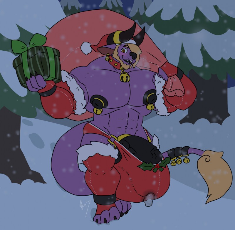 anthro balls bell big_balls big_bulge big_muscles big_penis blush bodily_fluids bulge clothing collar cum furgonomics genital_fluids genitals gift hat headgear headwear holding_object holidays horn huge_balls huge_bulge huge_muscles huge_penis hyper hyper_balls hyper_bulge hyper_genitalia hyper_penis legwear looking_at_viewer male muscular muscular_anthro muscular_male nipples penis plant sack santa's_sack snow snowing solo stockings tree underwear vein veiny_penis kokoro-doll christmas final_fantasy square_enix behemoth_(final_fantasy) hi_res