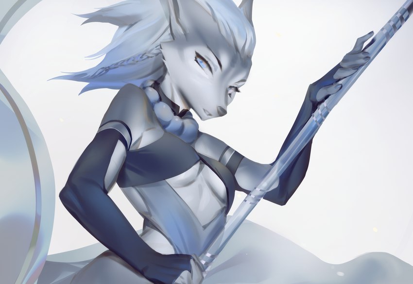 anthro armwear blue_armwear blue_clothing blue_eyes blue_hair blue_jewelry blue_necklace blue_topwear clothed clothing female fur grey_body grey_fur grey_hair hair holding_object jewelry looking_at_viewer necklace open_mouth simple_background solo topwear white_background white_body white_fur shermugi 2023 hi_res