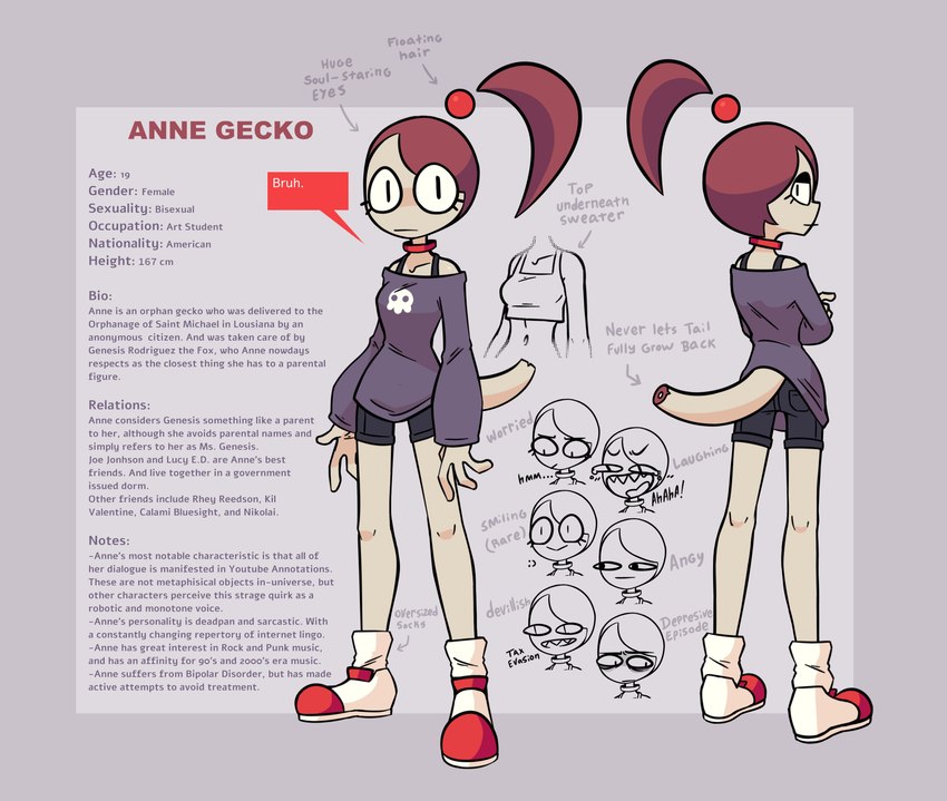 anthro clothing docked_tail female floating_hair hair multiple_angles multiple_expressions ponytail red_hair short_tail simple_background solo sweater tail text topwear nekuzx anne_(nekuzx) gecko lizard reptile scalie 2021 english_text hi_res model_sheet