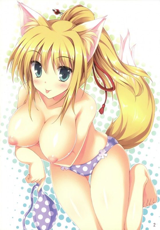 accessory barefoot big_breasts bikini blonde_hair blue_eyes blush breast_rest breasts clothed clothing feet female fox_tail hair hair_accessory holding_breast long_hair looking_at_viewer nipples polka_dot_bikini polka_dots ponytail puffy_nipples simple_background solo swimwear tongue tongue_out topless two-piece_swimsuit white_background tateha dog_days yukikaze_panettone animal_humanoid canid canid_humanoid canine canine_humanoid fox fox_humanoid humanoid mammal mammal_humanoid 2011 absurd_res digital_media_(artwork) hi_res