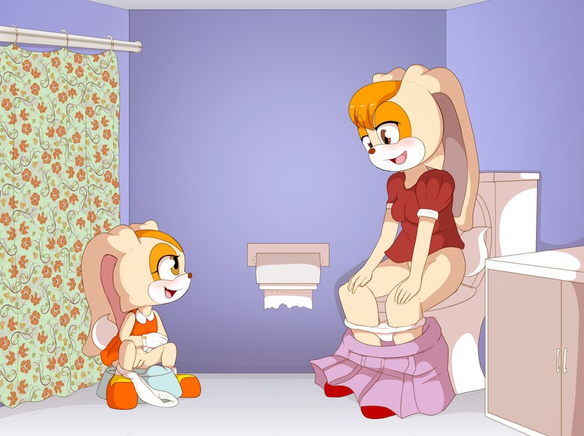 age_difference anthro bathroom blush bottomwear bottomwear_down cabinet clothed clothing clothing_lift curtains dress duo female genitals orange_clothing orange_dress panties panties_down partially_clothed pink_bottomwear pink_clothing pink_skirt potty potty_training pussy raised_clothing raised_dress shower_curtain size_difference skirt skirt_down skirt_lift toilet toilet_paper toilet_use underwear underwear_down white_clothing white_panties white_underwear young young_anthro launny sega sonic_the_hedgehog_(series) cream_the_rabbit vanilla_the_rabbit lagomorph leporid mammal rabbit absurd_res hi_res daughter_(lore) mother_(lore) mother_and_child_(lore) mother_and_daughter_(lore) parent_(lore) parent_and_child_(lore) parent_and_daughter_(lore)