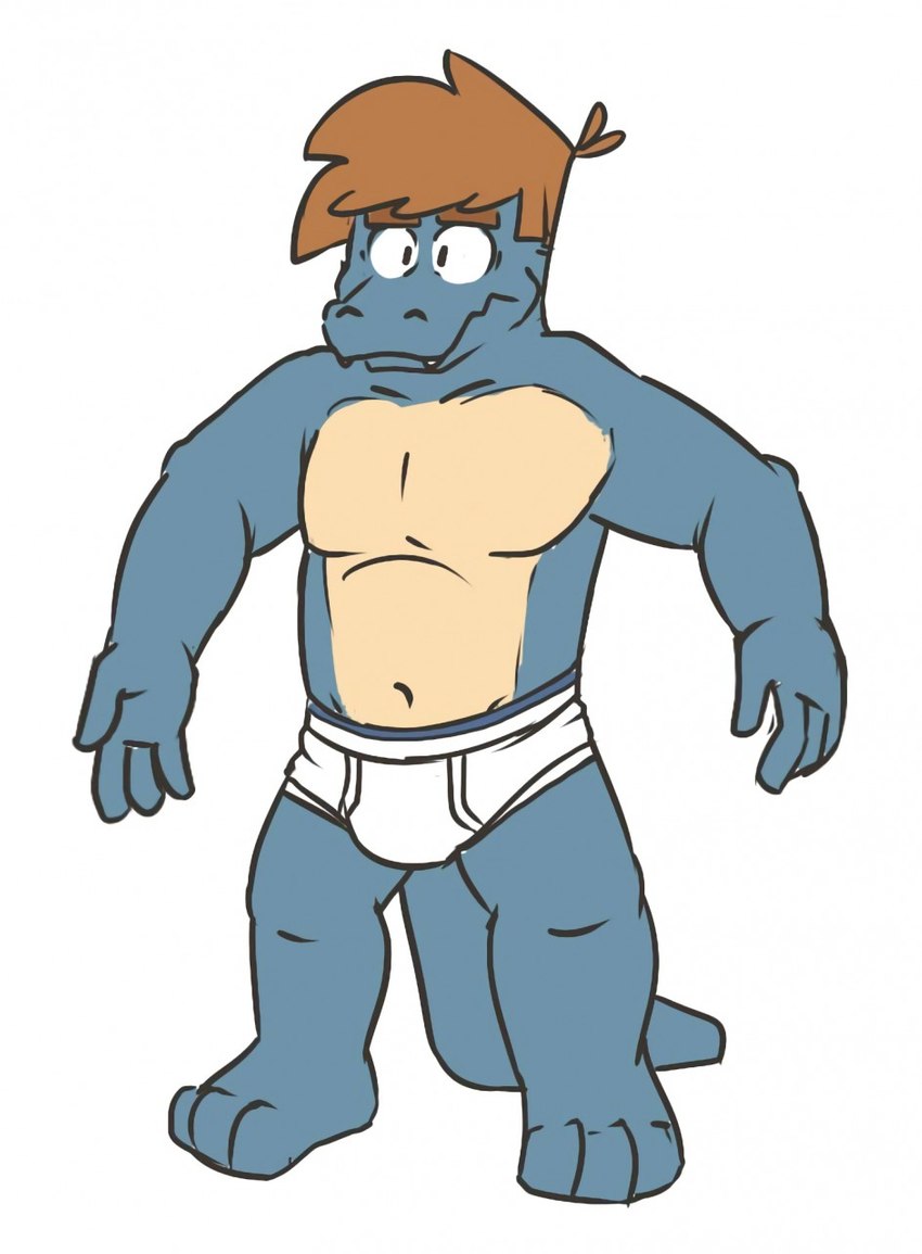 anthro barefoot blue_body blue_scales briefs brown_hair clothed clothing feet hair male muscular muscular_male navel scales simple_background solo teeth_showing tighty_whities topless underwear underwear_only white_background white_briefs white_clothing white_underwear heyitscousindave nokucroc crocodile crocodilian reptile scalie hi_res