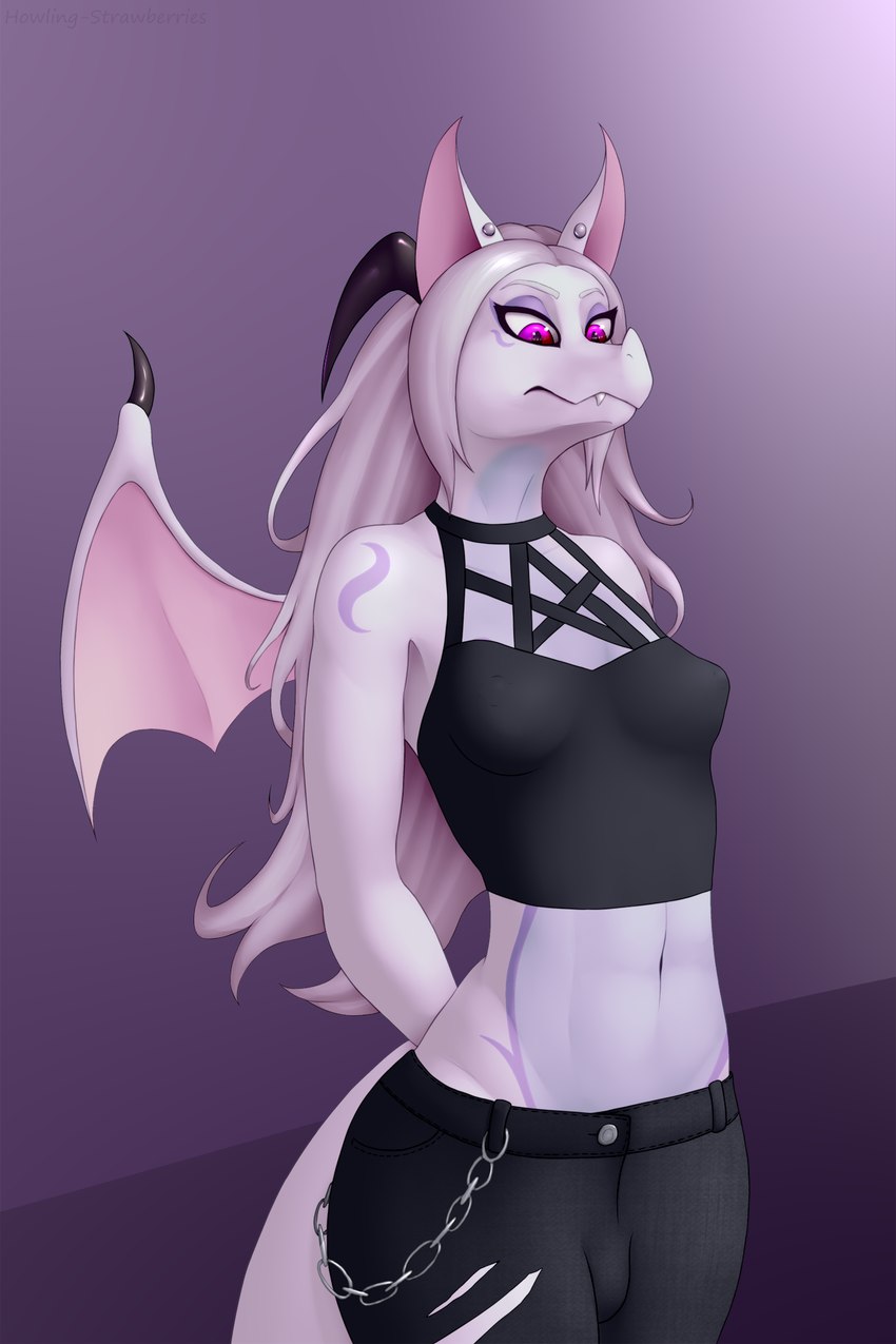 anthro black_horn blue_body breasts bulge clothed clothing cute_fangs ear_piercing fangs gynomorph hair horn intersex long_hair looking_down markings membrane_(anatomy) membranous_wings piercing purple_eyes purple_markings simple_background small_breasts snout solo tail teeth white_body white_hair wings howling-strawberries mythology strawberries_(character) bat dragon hybrid mammal mythological_creature mythological_scalie scalie hi_res