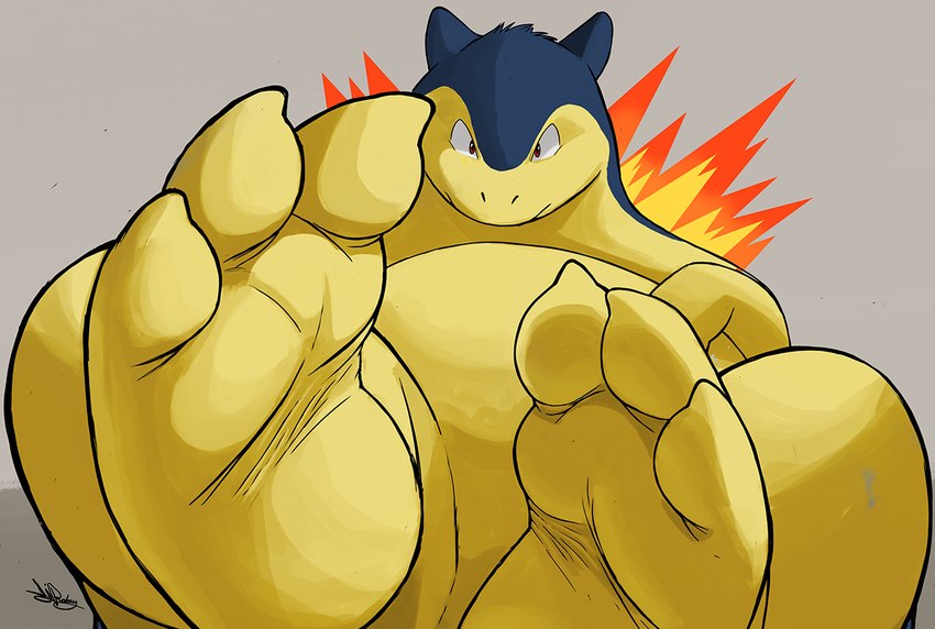 3_toes anthro featureless_crotch feet fire flaming_tail foot_fetish foot_focus looking_at_viewer lying male on_back overweight overweight_male solo tail toes dj-rodney nintendo pokemon generation_2_pokemon pokemon_(species) typhlosion 2022