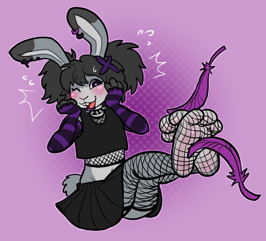 3_toes accessory ambiguous_gender anthro arm_warmers armwear blush bodily_fluids bottomwear buckteeth clothing collar ear_piercing feathers feet fishnet_clothing fishnet_legwear fishnet_thigh_highs fishnet_topwear hair_accessory legwear pawpads paws piercing pigtails skirt solo spiked_collar spikes sweat teeth thigh_highs tickle_fetish tickle_torture tickling tickling_feet toes topwear jimmycervix lagomorph mammal hi_res