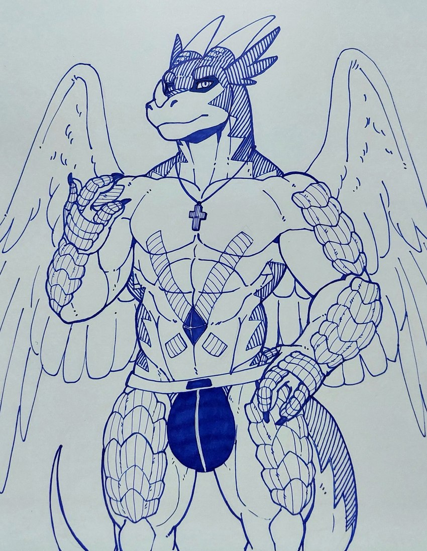 3_fingers bulge claws clothed clothing feathered_wings feathers fingers horn jockstrap male muscular tail topless underwear wings nameless00 mythology drackonthanri dragon mythological_creature mythological_scalie scalie hi_res pen_(artwork) traditional_media_(artwork)