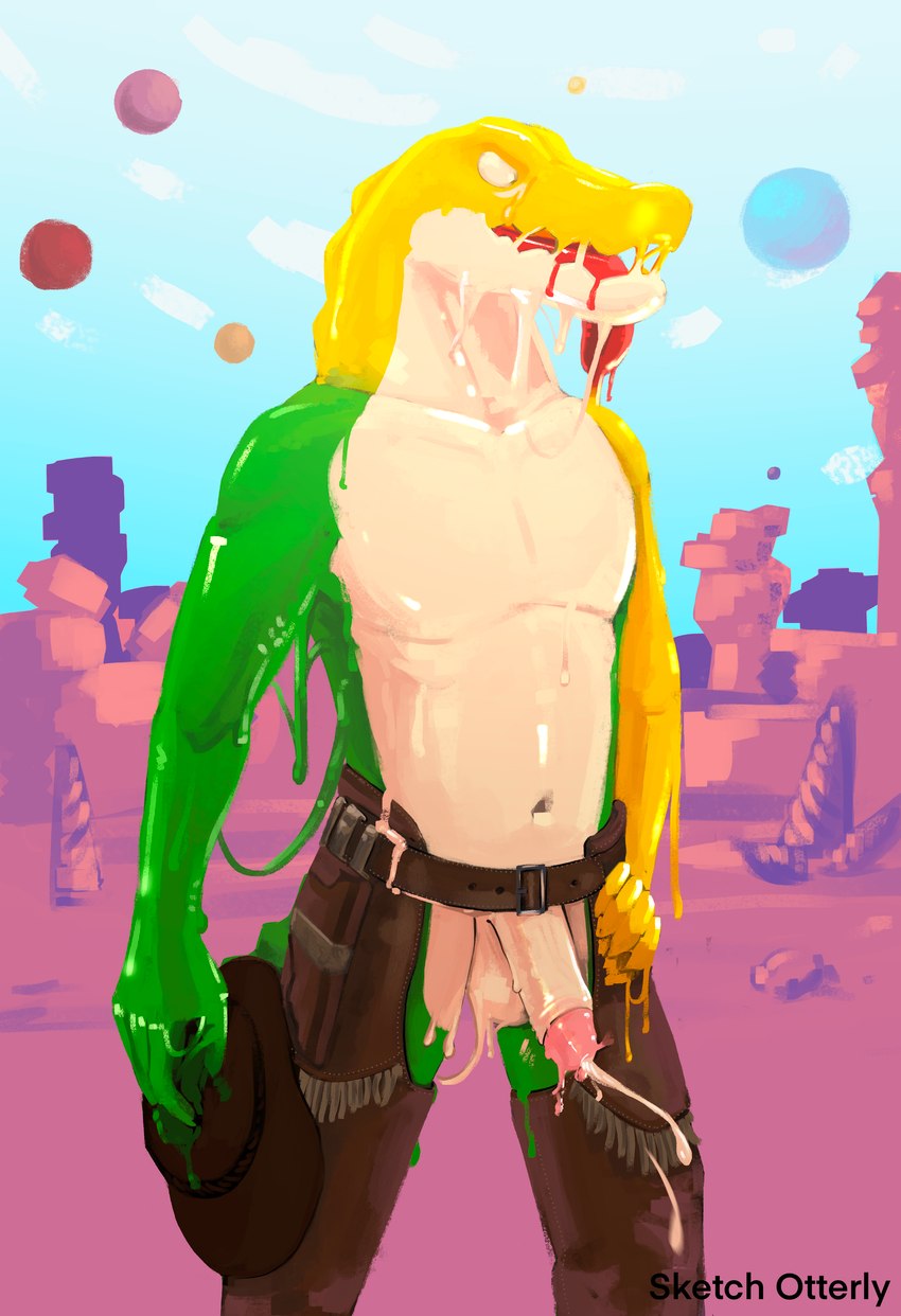 anthro balls bodily_fluids candy chaps_only clothing cowboy cowboy_hat cowboy_outfit crocodile_tail cum cum_while_flaccid dessert detailed_background ejaculation erection flaccid food genital_fluids genitals glans goo_body goo_drip goo_transformation gummy_(food) hat headgear headwear holding_object humanoid_genitalia humanoid_penis male melting navel penis slime solo tongue tongue_out transformation sketchotterly glitch_productions the_amazing_digital_circus gummigoo_(tadc) alligator alligatorid crocodile crocodilian food_creature goo_creature gummy_creature living_candy reptile scalie absurd_res hi_res