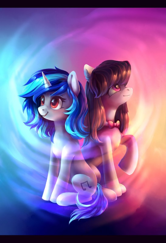 black_hair blue_hair bow_(feature) bow_tie cutie_mark duo eyebrows eyelashes female feral gradient_background grin hair horn long_hair looking_up multicolored_hair nude purple_eyes red_eyes simple_background sitting smile teeth two_tone_hair lispp friendship_is_magic hasbro my_little_pony mythology octavia_(mlp) vinyl_scratch_(mlp) earth_pony equid equine horse mammal mythological_creature mythological_equine pony unicorn 2015 full-length_portrait hi_res letterbox portrait