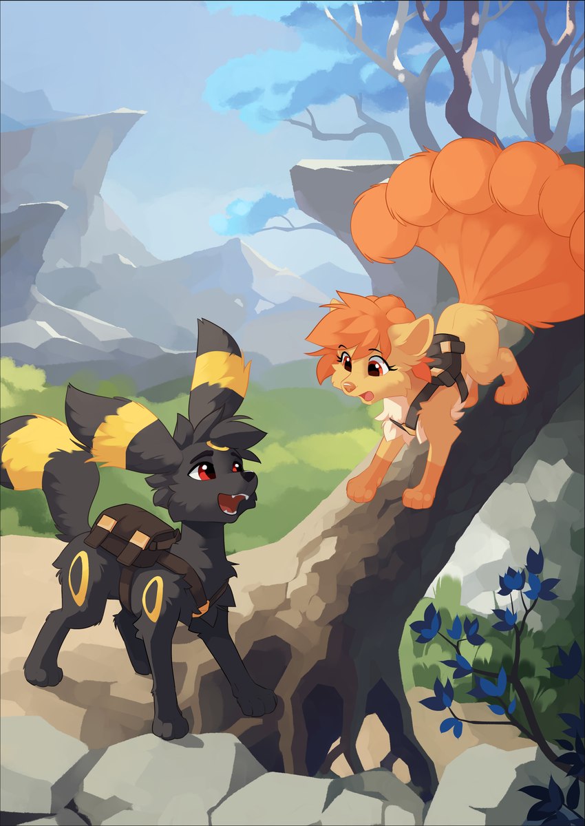 adventure backpack black_body black_fur cheek_tuft climbing dangerous duo facial_tuft female feral fluffy fluffy_tail fur male male/female markings nature neck_tuft outside red_eyes rock sky smile tail tuft yellow_markings dream_weaver_pony nintendo pokemon maylina tappy_the_bwe canid canine eeveelution fox generation_1_pokemon generation_2_pokemon mammal pokemon_(species) umbreon vulpix absurd_res hi_res