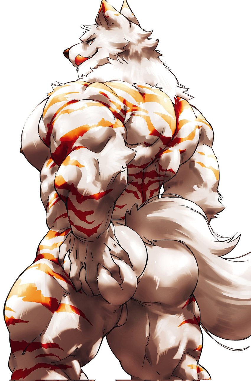 abs anthro back_muscles big_deltoids big_pecs brown_eyes butt butt_grab deltoids fur hand_on_butt hand_on_own_butt licking licking_lips light looking_at_viewer looking_back male muscular muscular_anthro muscular_male muscular_thighs nipples pecs red_stripes simple_background solo striped_body striped_fur stripes tongue tongue_out triceps white_background white_body white_fur teseirei canid canine canis mammal wolf 2023 hi_res lighting