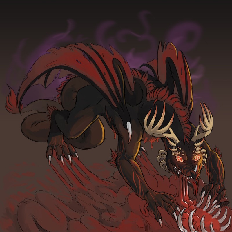 antlers aura blood bodily_fluids claws death demonic fangs feral fur glowing gore guts hair horn intestines male membrane_(anatomy) membranous_wings muscular muscular_feral muscular_male open_mouth organs ribs solo tail teeth tongue wings wooperworks mythology salthanath dragon furred_dragon furred_scalie mythological_creature mythological_scalie scalie 1:1 absurd_res hi_res