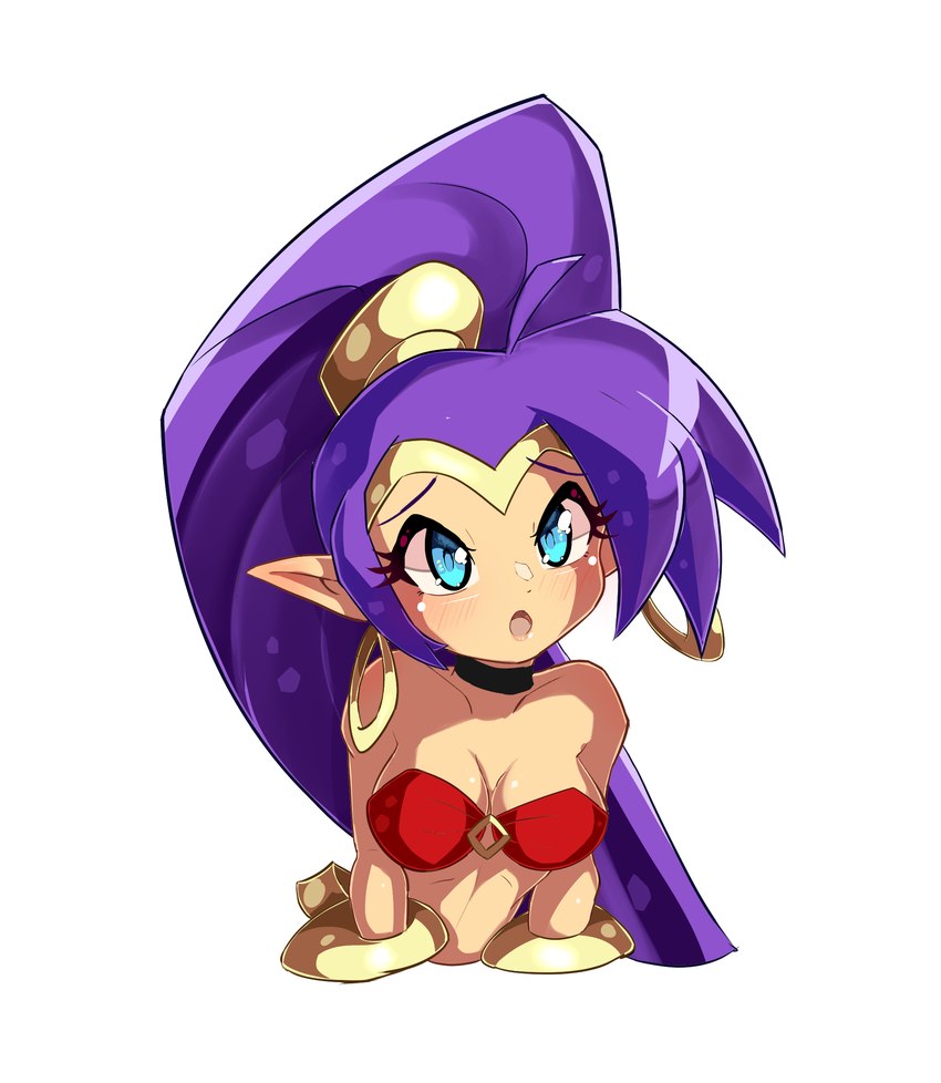 bandeau blue_eyes blush breasts clothing crown ear_piercing ear_ring female hair headgear humanoid_pointy_ears long_hair not_furry piercing pointy_ears purple_hair ring_piercing simple_background solo tiara topwear white_background nin10ja shantae_(series) wayforward shantae genie humanoid 2020 hi_res