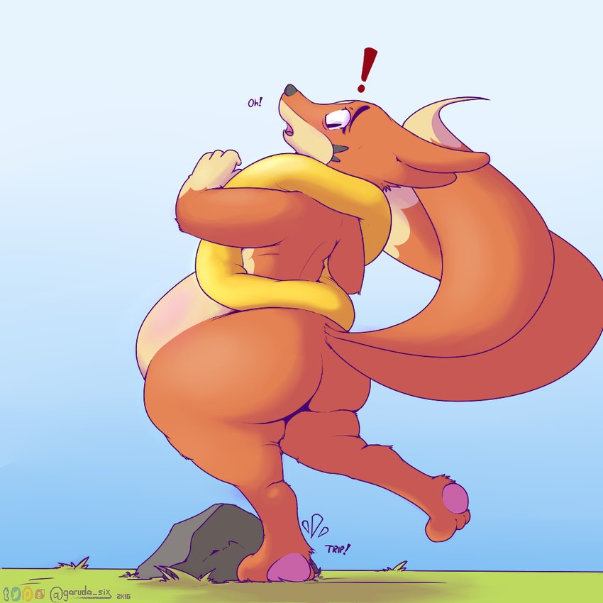 2_tails anthro belly big_belly biped black_nose blue_background butt detailed_background exclamation_point falling falling_over feet female female_anthro fingers fur gradient_background grass looking_down multi_tail nude nude_anthro nude_female open_mouth orange_body orange_fur orange_tail pawpads pink_pawpads plant rock simple_background slightly_chubby solo standing tail toes tripping garuda_six nintendo pokemon shelby_(simplifypm) floatzel generation_4_pokemon mammal mustelid pokemon_(species) 1:1 2016