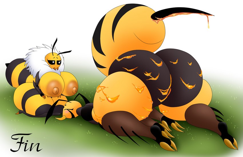 anthro areola ass_up big_areola big_breasts big_butt big_nipples breasts butt duo eyes_closed female food honey_(food) huge_areola huge_breasts huge_butt lying nipples nude on_front short_stack stinger thick_thighs worried nightmare-arts arthropod bee hymenopteran insect wasp hi_res