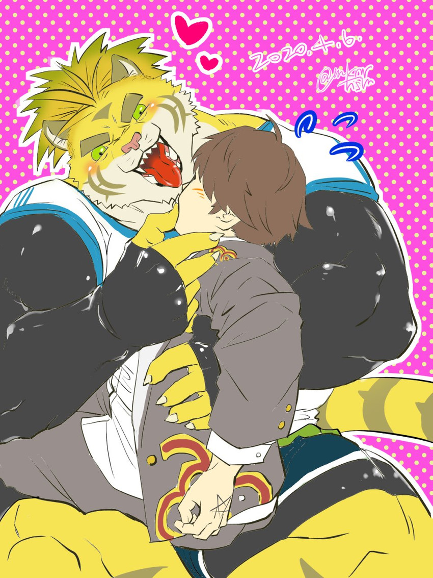 anthro blush duo french_kissing fur green_eyes hair heart_symbol hug kissing male male/male muscular muscular_male pecs ponytail size_difference striped_body striped_fur stripes tongue mknrhsm lifewonders tokyo_afterschool_summoners macan_(tas) protagonist_(tas) twink_protagonist_(tas) 3:4 hi_res