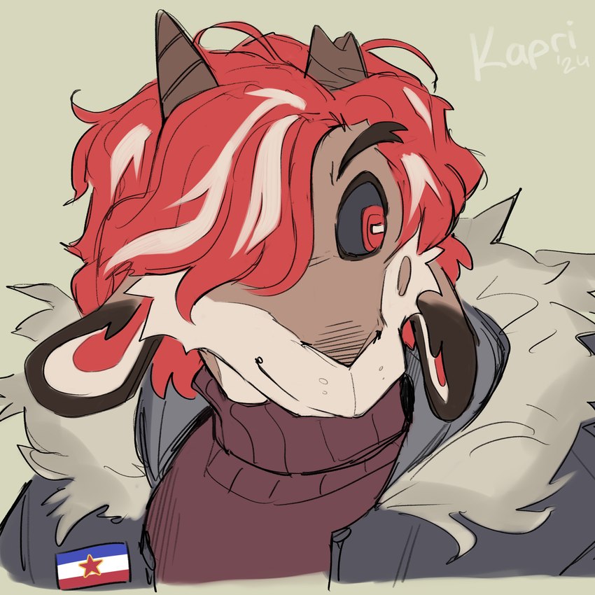 broken_horn clothing dark_sclera horn jacket topwear yugoslav_flag yugoslavia kapri kapri_(kapri) bovid caprine goat mammal 1:1 hi_res