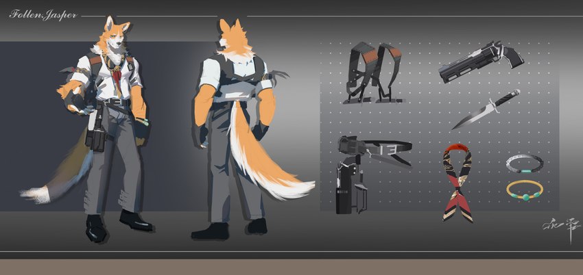 anthro bottomwear clothed clothing front_view fur green_eyes grey_bottomwear grey_clothing grey_pants gun knife male mouth_closed orange_body orange_fur pants ranged_weapon rear_view solo standing topwear weapon white_body white_clothing white_fur white_topwear awaldkize canid canine mammal absurd_res hi_res model_sheet