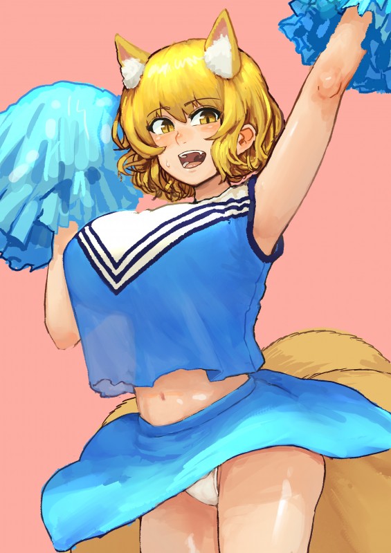 :d alternate_costume animal_ear_fluff arms_above_head big_breasts blonde_hair blue_bottomwear blue_clothing blue_shirt blue_skirt blue_topwear blush bodily_fluids bottomwear breasts cheerleader clothed clothing eyebrow_through_hair eyebrows fangs female fox_tail hair inner_ear_fluff jumping looking_at_viewer midriff miniskirt multi_tail navel open_mouth open_smile panties panty_shot pink_background pom_poms pupils shirt short_hair simple_background skirt slit_pupils smile solo sweat sweatdrop tail teeth tongue topwear translucent translucent_hair tuft underwear upskirt white_clothing white_panties white_underwear yellow_eyes chanta touhou ran_yakumo animal_humanoid canid canid_humanoid canine canine_humanoid fox_humanoid humanoid mammal mammal_humanoid 2019 absurd_res hi_res portrait three-quarter_portrait