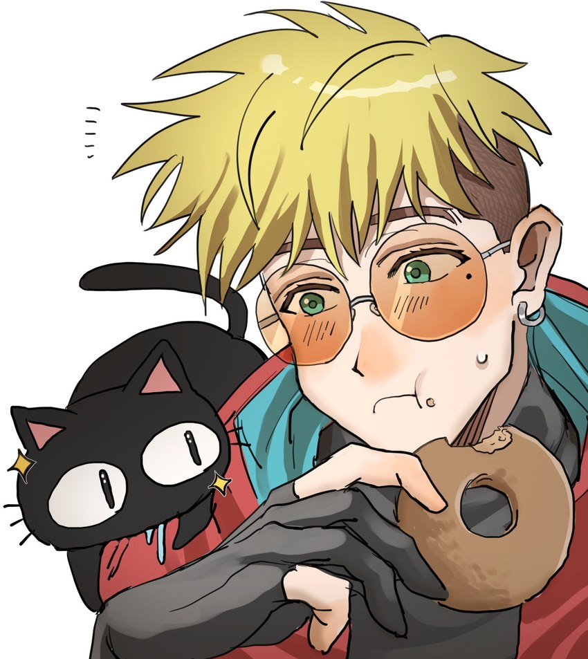 dessert doughnut duo eating eyewear food green_eyes male mole_under_eye pastry simple_background sunglasses white_background aojurujuru trigun trigun_stampede kuroneko_(trigun) vash_the_stampede domestic_cat felid feline felis human mammal hi_res