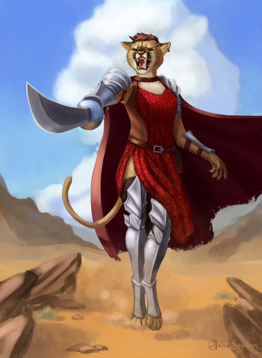 angry anthro armor breasts claws cloak clothed clothing ear_piercing female hair holding_object holding_weapon looking_at_viewer melee_weapon piercing sabre_(weapon) satchel simple_background solo standing sword tongue topwear weapon jakeseeker cougar felid feline mammal digital_media_(artwork) hi_res