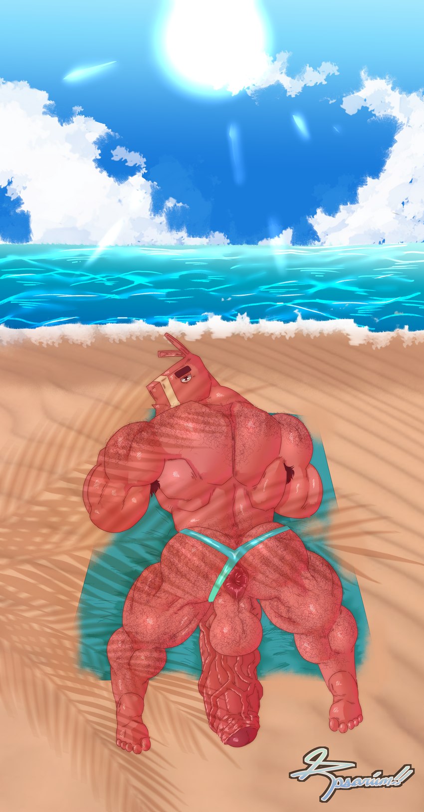 anthro anus armpit_hair backsack balls beach beach_towel big_muscles big_penis body_hair butt butt_hair clothing clothing_aside erection foreskin fur genitals glistening glistening_body hairy hairy_balls huge_muscles huge_penis humanoid_genitalia humanoid_penis looking_at_viewer looking_back male muscular muscular_anthro muscular_arms muscular_male on_ground on_towel penis penis_backwards pinata pink_body pink_fur rear_view sea seaside sky solo sun thong thong_aside towel underwear underwear_aside vein veiny_penis water rosarium epic_games fortnite lt._john_llama animate_inanimate camelid living_pinata llama mammal 2022 absurd_res alternate_version_at_source hi_res