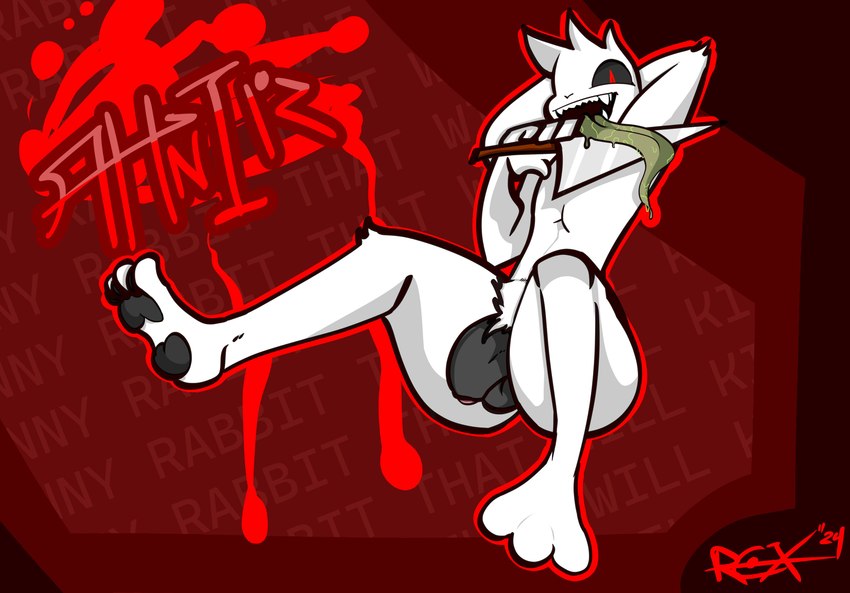 anthro balls black_penis black_sclera blood bodily_fluids flaccid genitals hand_behind_head knife knife_play licking_knife long_tongue male paws penis red_eyes sharp_teeth solo teeth teeth_showing text tongue white_body joltrex ahnir_(sparkothefailure) demon lagomorph leporid mammal rabbit 2024 absurd_res hi_res signature