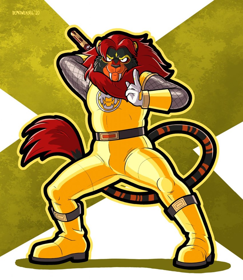 abstract_background anthro belt black_body black_fur boots bulge clothing cosplay costume fangs footwear fur male mane markings orange_markings outline red_mane sabertooth_(anatomy) shoes solo spandex tail tail_tuft teeth tight_clothing tuft yellow_clothing yellow_outline frankieancelotti power_rangers power_rangers_ninja_storm super_sentai inferno_sabercat felid hybrid liger mammal pantherine hi_res