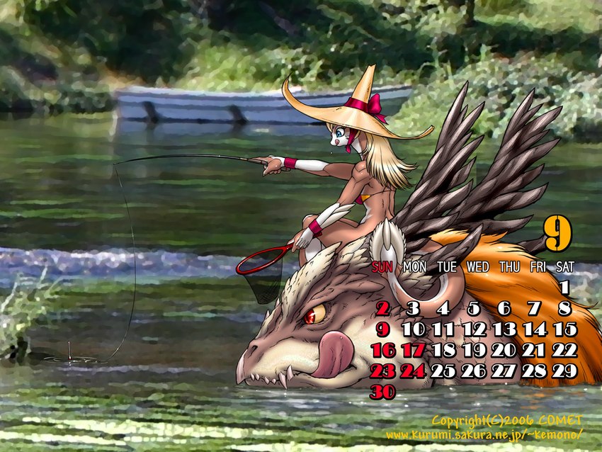 anthro breasts calendar calendar_graphic clothing duo female feral fishing fishing_net hat headgear headwear holding_net net non-mammal_breasts pond red_eyes september_(month) summer tail tongue dr_comet mythology tokagemusume dragon lizard monster mythological_creature mythological_scalie reptile scalie 2006 4:3 hi_res wallpaper