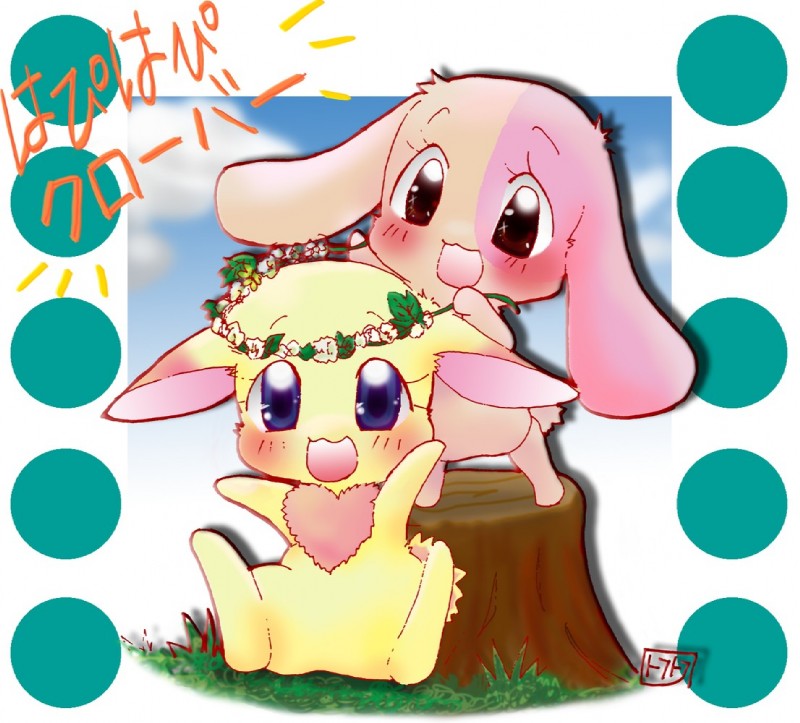 anthro blush brown_eyes chest_tuft clover_(plant) duo eyelashes female flower fur heart_symbol long_ears pink_body pink_fur plant purple_eyes shamrock short_fur sitting sitting_on_stump smile text tree_stump tuft white_body white_fur unknown_artist happy_happy_clover pixiv sayuri_tatsuyama clover_(happy_happy_clover) mallow_(happy_happy_clover) domestic_rabbit lagomorph leporid lop_rabbit mammal oryctolagus rabbit translated