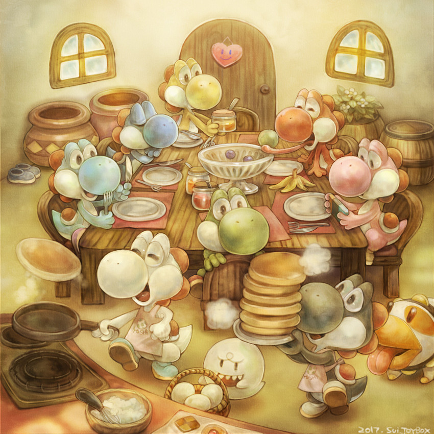 ambiguous_gender appliance apron chair clothing detailed_background food footwear furniture gaming group open_mouth open_smile pancake playing_video_game smile stove table tongue tongue_out window sui_(petit_comet) mario_bros nintendo black_yoshi blue_yoshi boo_(mario) canid canine canis cyan_yoshi domestic_dog green_yoshi mammal pink_yoshi red_yoshi white_yoshi yellow_yoshi yoshi 1:1 2017 signature