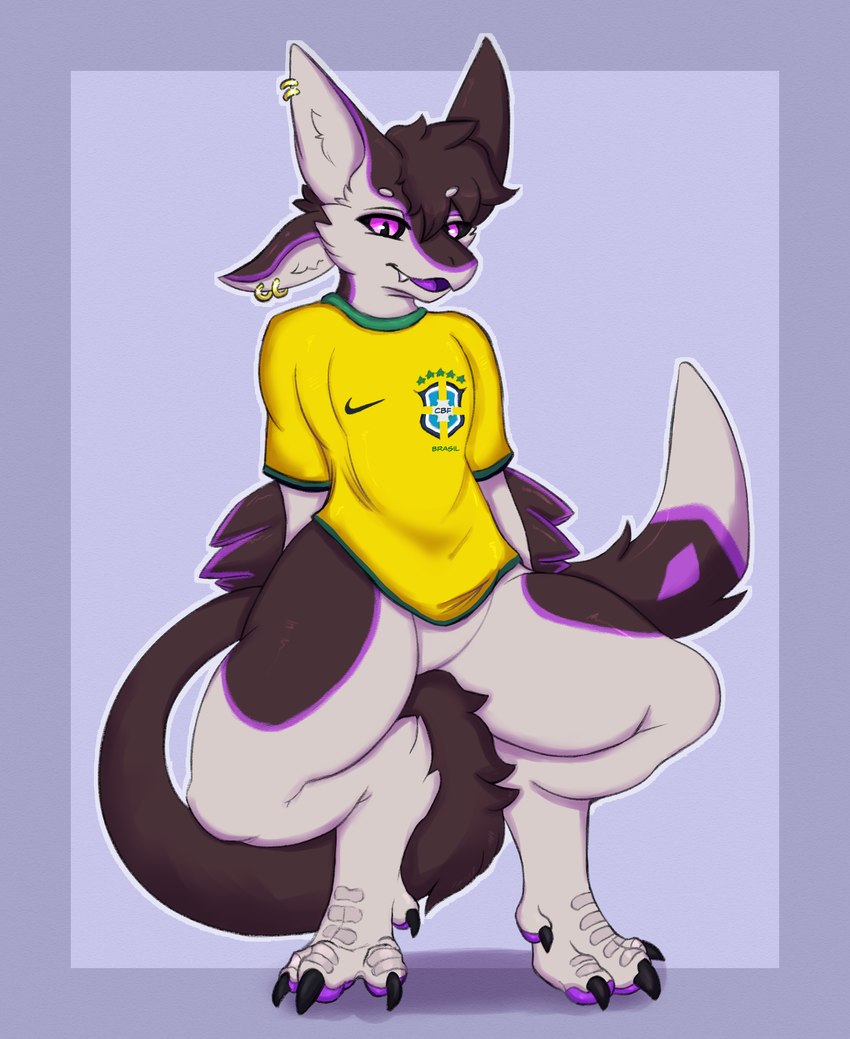 4_toes ambiguous_gender anthro bottomless bottomless_ambiguous bottomless_anthro brazil claws clothed clothing ear_piercing ear_ring featureless_crotch feet male pawpads paws piercing ring_piercing shirt solo tail toes topwear wings twizzlrs fifa nike avali avian bird hi_res